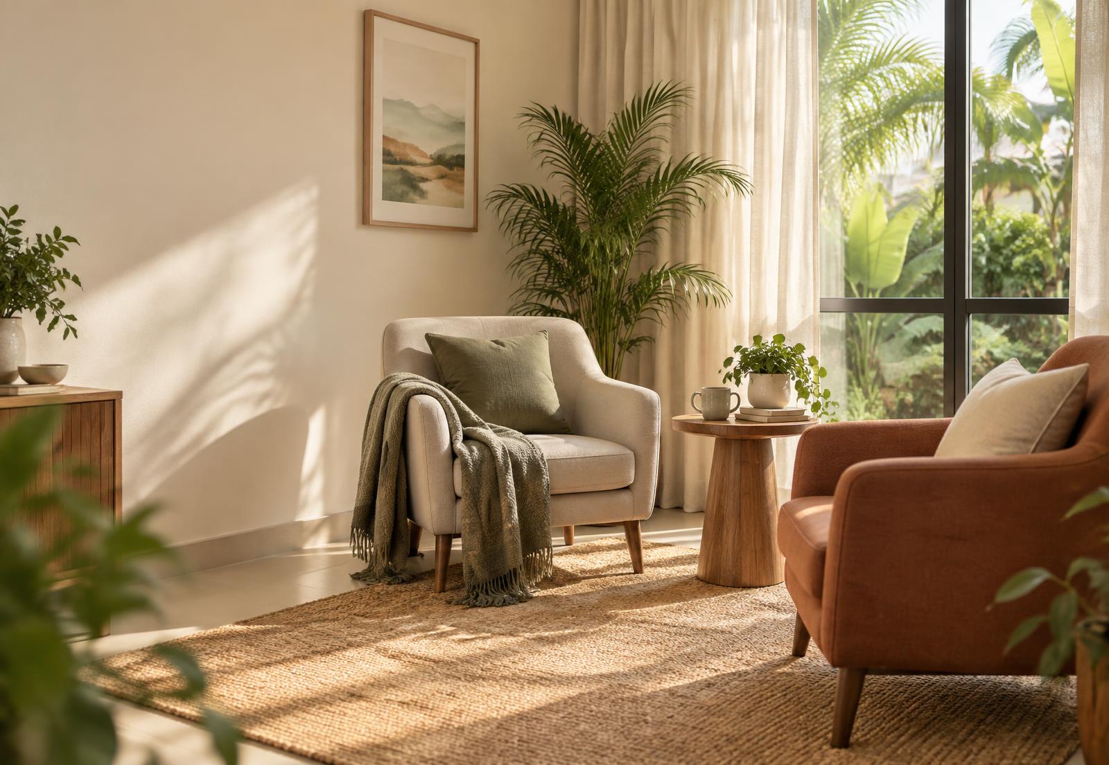 A warm, sunlit counselling room with comfortable armchairs